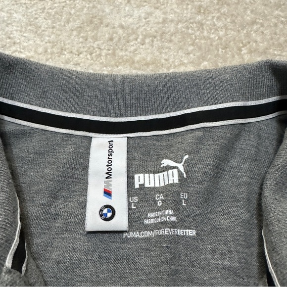 Puma Men's Large BMW Motorsports Gray Knit Polo Shirt White Stripe Racing - Picture 4 of 6